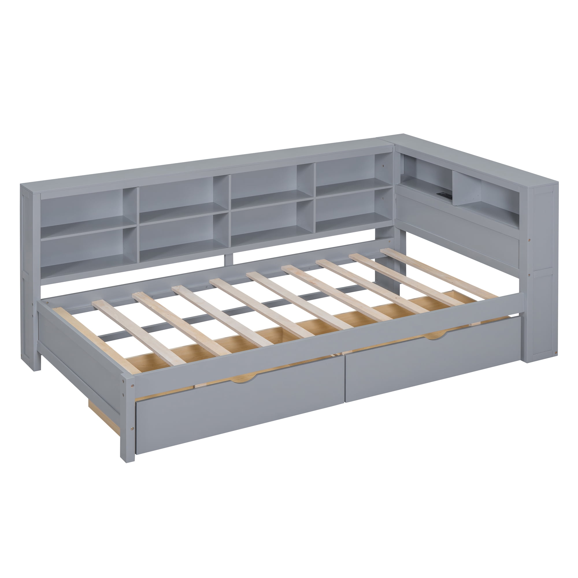 Mintazer Twin Daybed with Storage Headboard & Charging Station, 2 Drawers & Shelves for Kids Bedroom, Grey