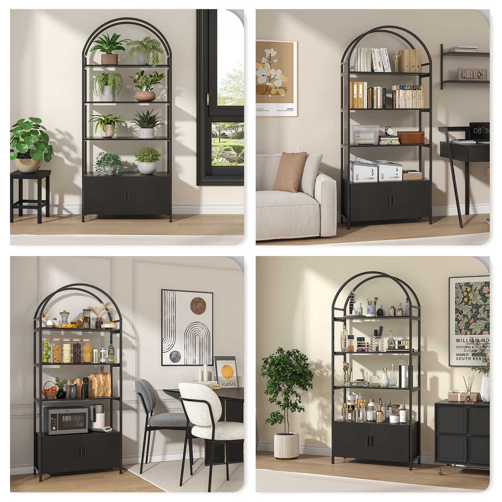 ModFurne Arched Bookcase with Doors,71" Tall Arched Bookshelf, 4-Shelf Open Display Bookshelf, Freestanding Storage Unit for Living Room/Office, Black