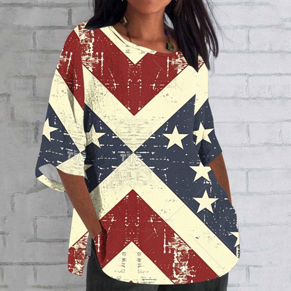Red White and Blue Blouse for Women 4th of July Shirts for Women Patriotic Shirts for Women Fourth of July Womens Shirts Women's Ladies Fashion Casual Cropped 3/4 Sleeve Printing Shirt Blouse Top