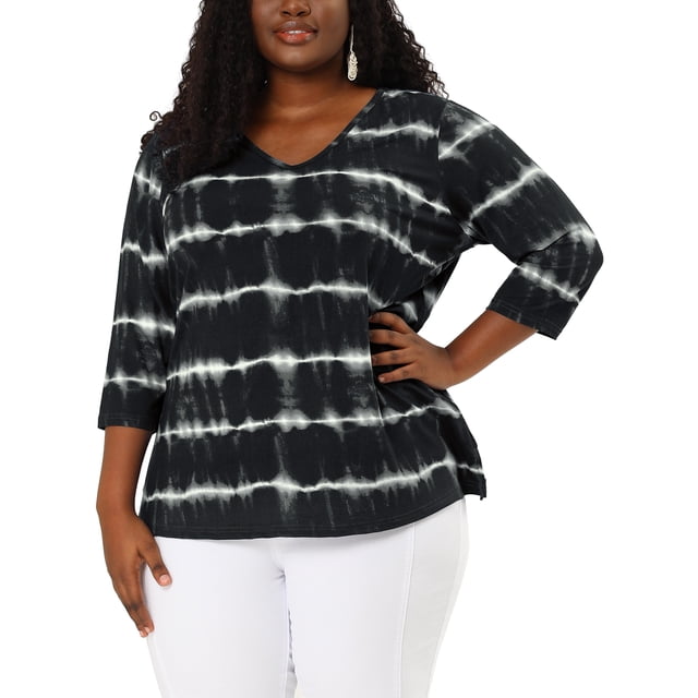 Women's Plus Size T-shirt Tye Dye Side Slit 3/4 Sleeve Stripe Top Black 4X