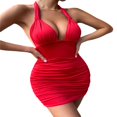 thumbnail image 3 of Robe Moulante pour Femmes Col en V Profond Dos Ouvert Sans Manches Froncée, 3 of 9