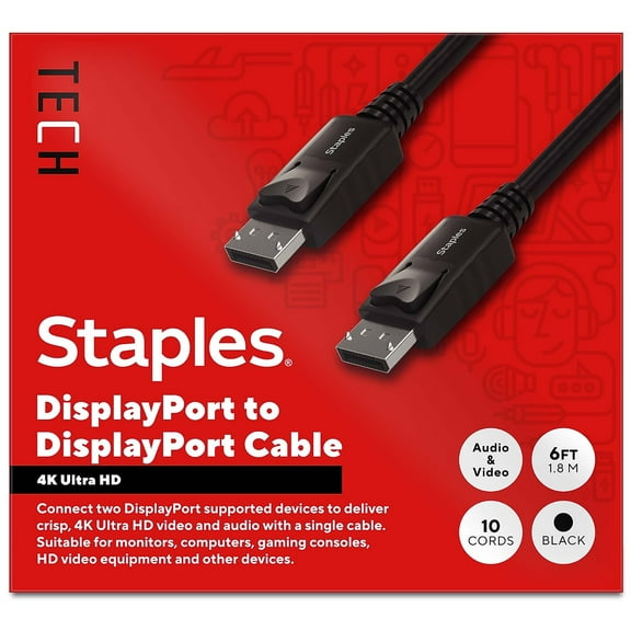 Staples TECH 6 ft. DisplayPort to DisplayPort Audio/Video Cable Male to Male Black 10/Pack (ST62475)