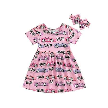 

Blotona Kid Baby Girl Summer A-Line Dress Short Sleeve Round Neck Car Print Dress + Bow Headband