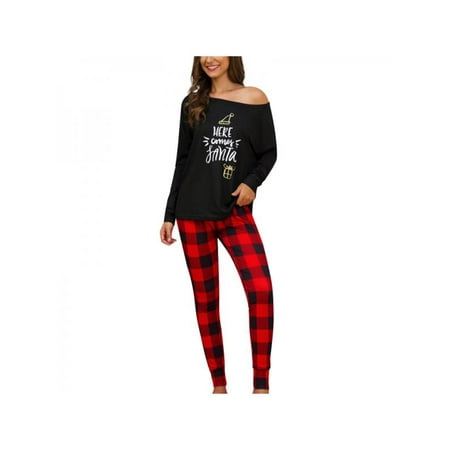 

Women Christmas New Year Tops+Plaid Pants Pajamas 2PCs Set