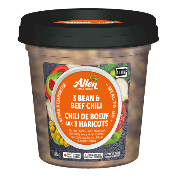 Allen Family Foods Meal-To-Go 3 Bean & Beef Chili, 420 gram, Shelf Stable Tubs, 420 gram