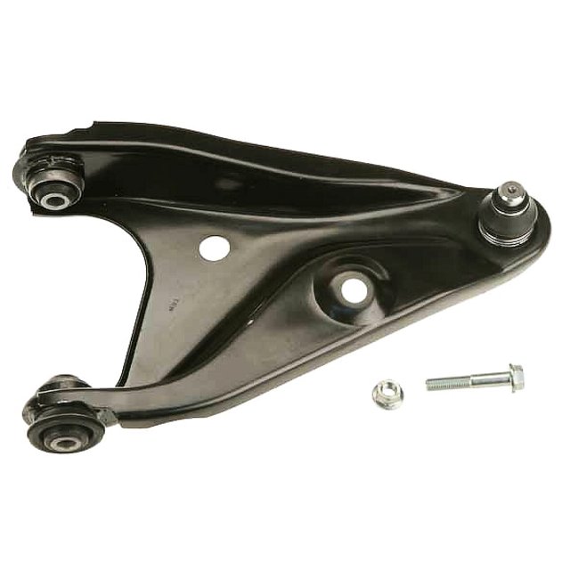 horquilla delantera izquierda inferior renault stepway 2010 a 2016 trw negro/gris — horquilla triangular de control para eje delantero, vista 3/4 con bujes integrados y rótula; acabado metálico negro/gris, buje externo 46.0 mm, interno 12.3 mm, incluye perno y tuerca. Su tamaño la hace adecuada para reemplazo de la pieza original.
