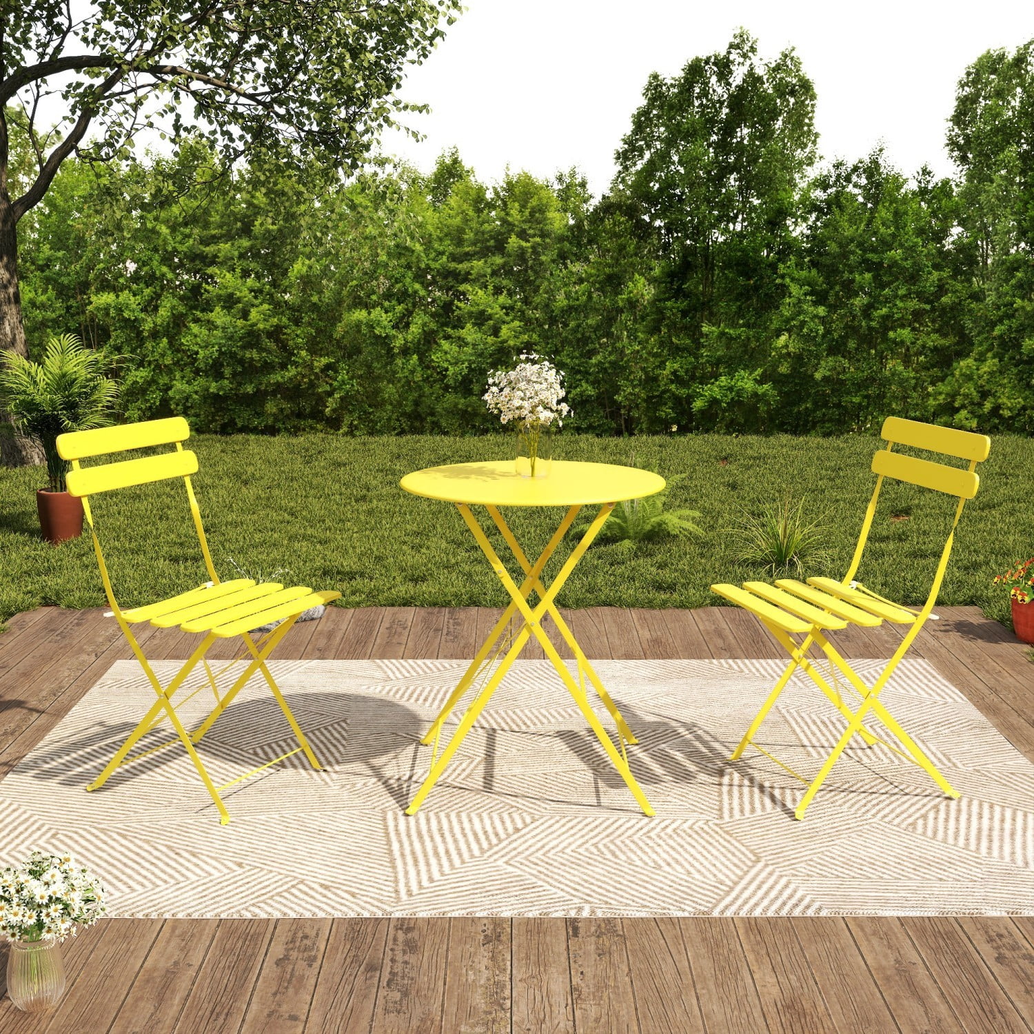 Bistro Table and Chairs Set for 2, 3 Piece Outdoor Patio Bistro Set with Folding Table and 2 Cushioned Chairs, Rust-Resistant Frame, Yellow