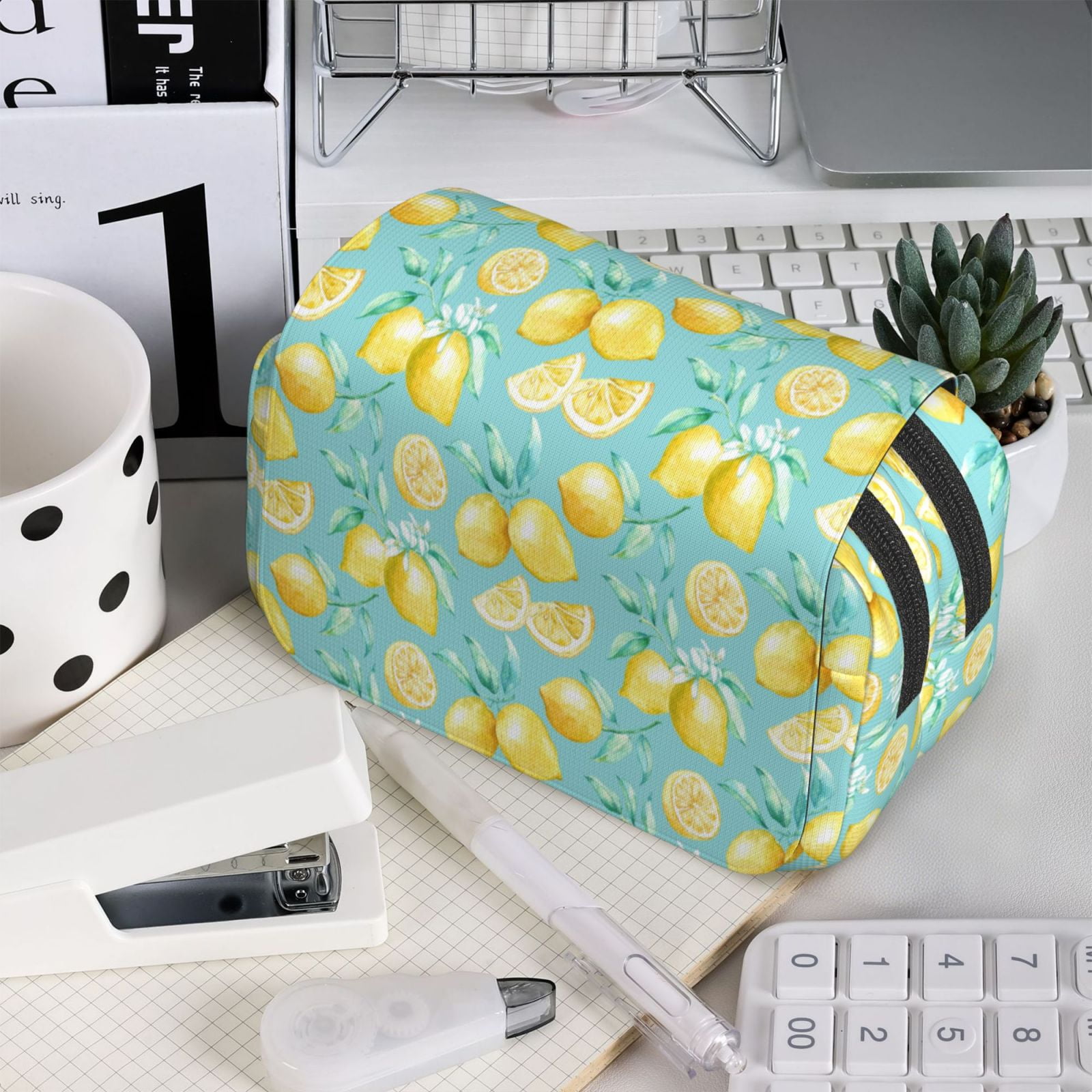 Rateoe Yellow Lemon Pattern Double Clamshell Pen Case, Storage Organizer with Two Zipper Compartments– Holds Up to 50 Pencils & Pens