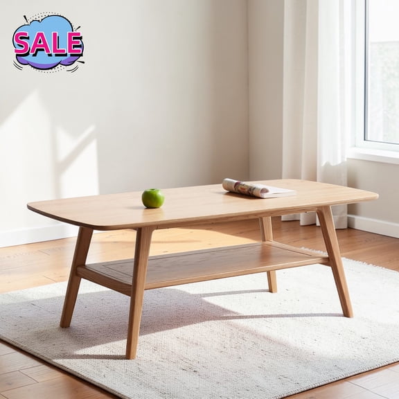 Hassch 2-Tier Coffee Table, 31.5" Solid Wood Cocktail Table with Open Shelf, Center Table for Living Room, Easy Assembly, Oak