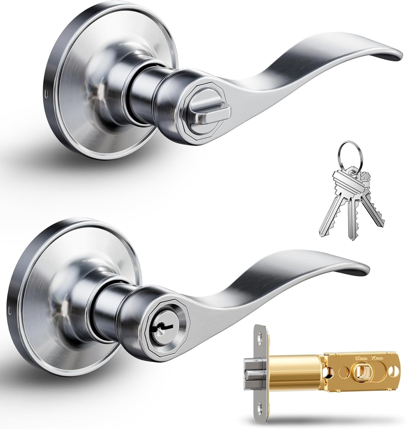 2 Pack Keyed Entry Door Lever, Same Key Wave Handle Lock for Exterior & Interior Door, Door Knobs with Lock and Key, Rust-Proof Bedroom Door Lock, Zinc Alloy Right Left Handed, Satin Nickel