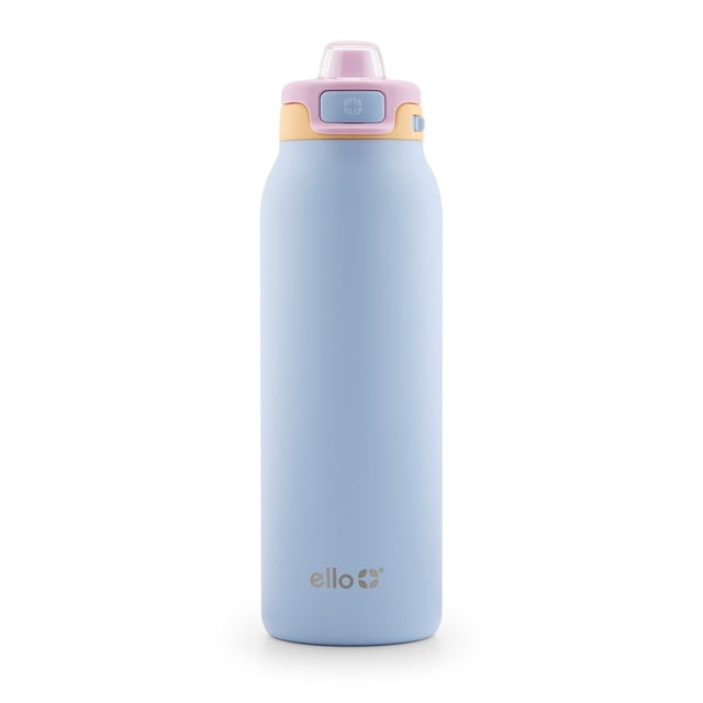 botella de agua ello pop & fill de acero inoxidable coastal, 946 ml Botella de 32 oz (946 ml) en Coastal Sunrise, vista frontal centrada; cuerpo de doble pared de acero inoxidable con acabado mate, tapa de llenado rápido rosa con botón para sorber con pajilla y boquilla protectora, aro de transporte naranja y logo ello en la base. Apta para lavavajillas y adecuada para llevar en mochila.