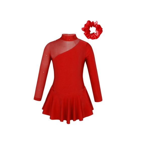 Miaeowve Kids Girls Figure Skating Dress Long Sleeve Mesh Splice Rhinestones Ballet Tutu Skirted Leotard Dance Outfits Red 12