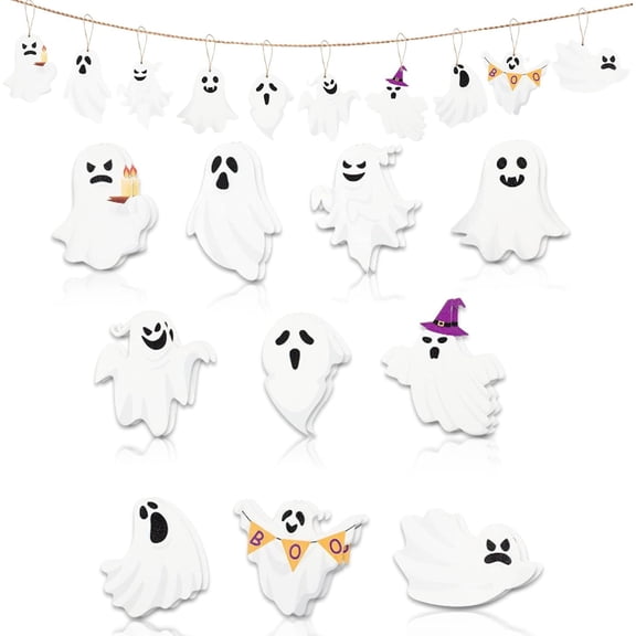 20Pcs Halloween Wooden Ornaments Cute Ghost Tree Decorations Gothic Spooky Hanging Ornaments Wooden Ghost Decorations Design for Halloween Holiday Party Supplies