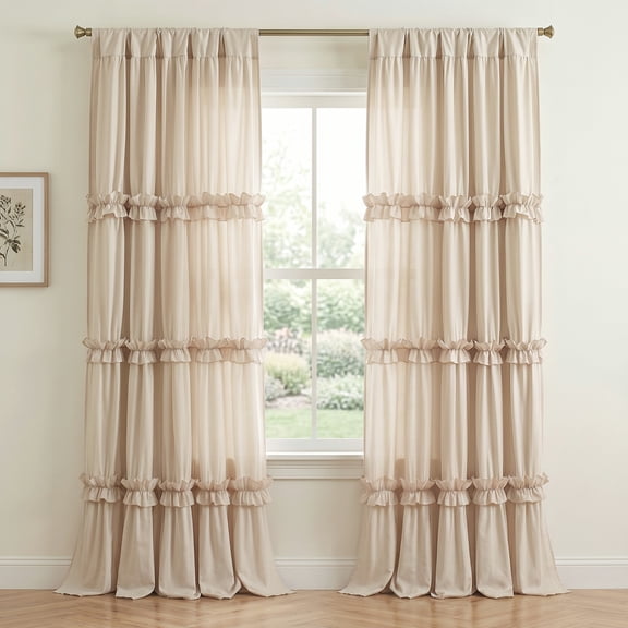 Lipa Boho Ruched Curtains, Light Filtering Ruffle Window Curtain for Living Room and Bedroom, Rod Pocket, 2 Panels, Beige, 52" x 84"