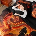 thumbnail image 3 of Metsweet Flame Dragon Queen Bedding 7pcs, Japanese Samurai Bedding Comforter Set Queen, Red Gold Black,Black Reversible, 3 of 6