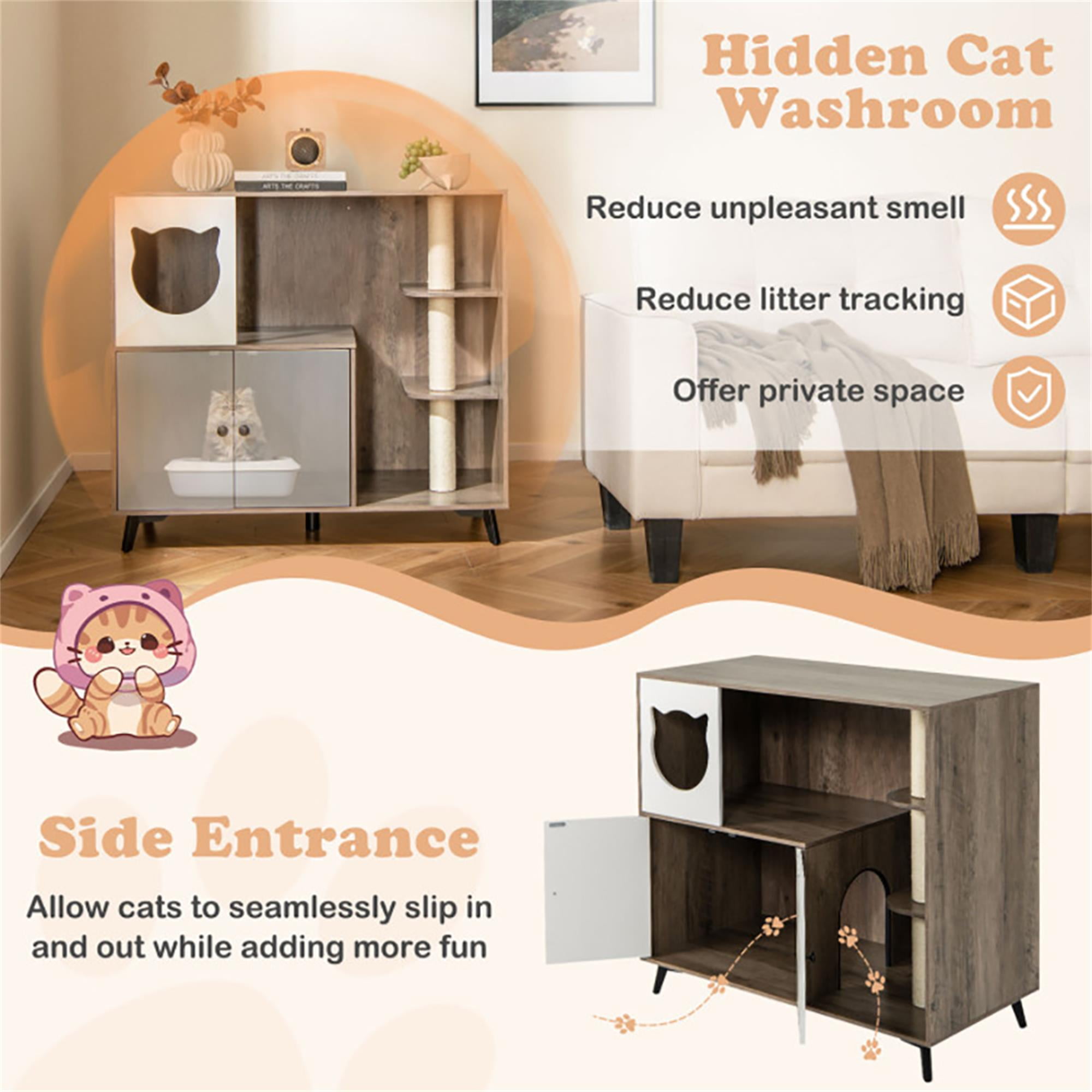 Kadyn 40" Cat Litter Box Enclosure Hidden with 3 Sisal Scratching Posts for Indoor Cats, All-in-One Wood Cat House Condo Furniture, Brown