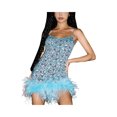 thumbnail image 2 of TRKIYQC Vestido corto sexy sin mangas para mujer con ribete de plumas esponjosas, ajuste entallado, con abertura entallada, vestido corto para fiesta de club, ropa de calle, Una flor verde TRKIYQC perder, 2 of 6
