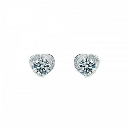 Platinum Plated Sterling Silver Solitaire Moissanite Stud Earrings with Swirl Design (5 MM Round, 1 CT TWT DEW, CERTIFIED)