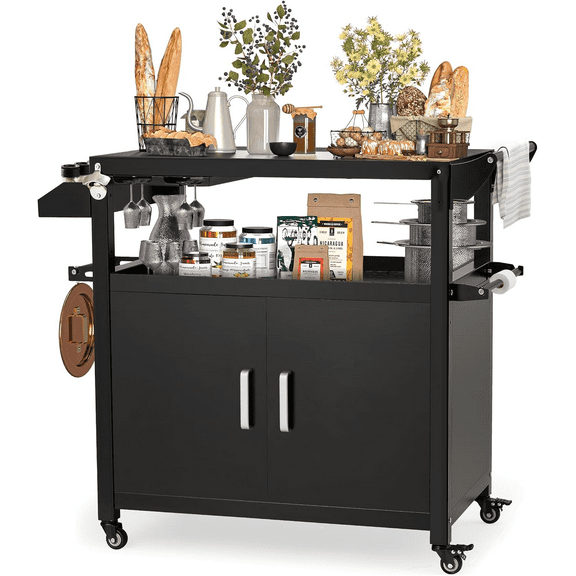 AECOJOY Outdoor Grill Cart with Storage Cabinet Buffet Prep Tables for Outside Steel BBQ Bar Carts for Patio