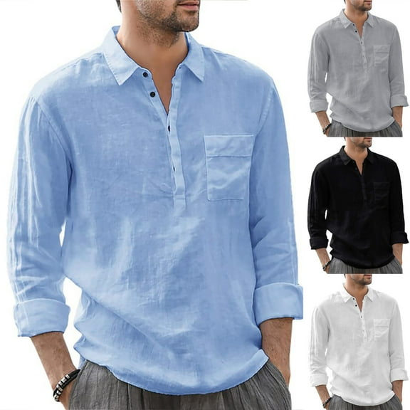 Utoimkio Men's Linen Shirts Casual Lightweight Long Sleeve Button Down Solid Dress Shirt Summer Beach Shirt Tops for Men
