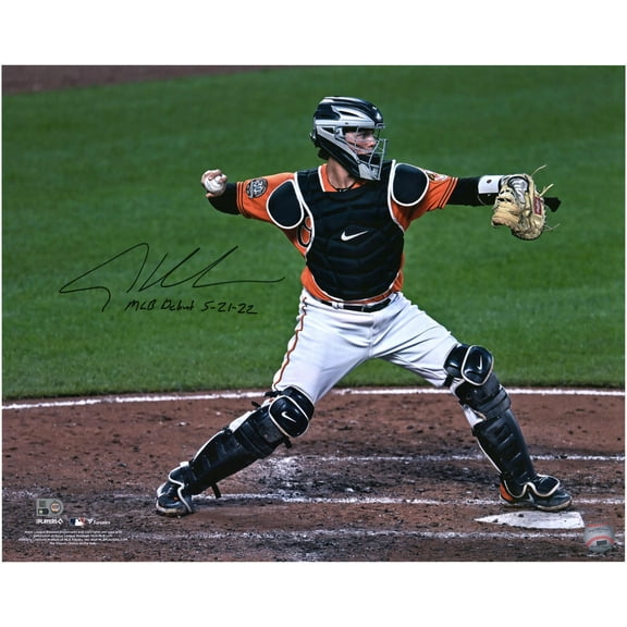 Adley Rutschman Baltimore Orioles Autographed 16" x 20" Debut Catching Photograph with "MLB Debut 5-21-22" Inscription - Fanatics Authentic Certified