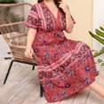 thumbnail image 5 of HAPIMO Tea Length A Line Dress for Women Clearance Floral Printed Summer Beach Vacation V Neck Sundress Ruffle Swing Hem Retro Boho Short Sleeve Clothing Red L, 5 of 9