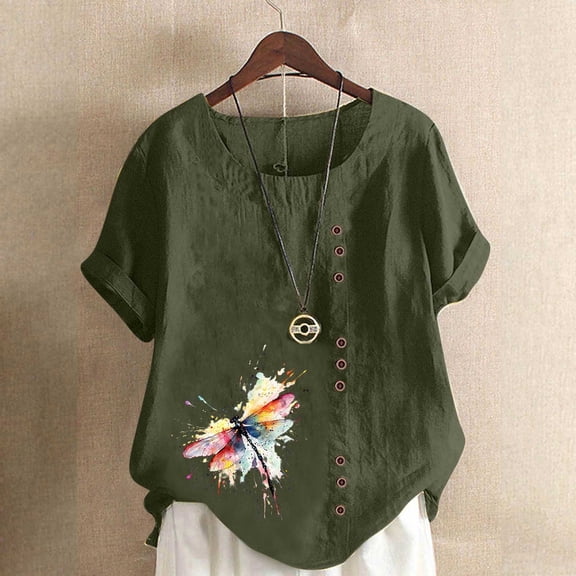HOMBOM Shirts for Women Boho Tee Shirts Short Sleeve Casual Cotton Linen Floral Ladies T Shirts Crewneck
