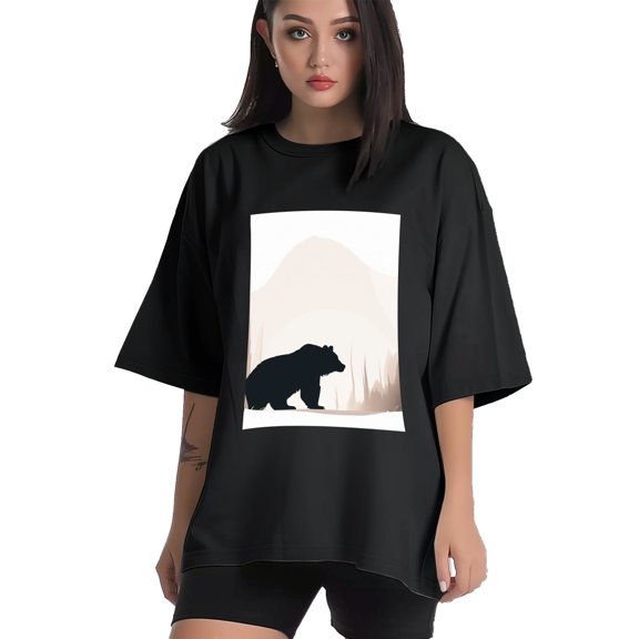 Plus Size Shirt for Women Black Tops for Women Short Sleeves Shirt for Women Minimalistic Line Art Bear In Forest T Shirt Crewneck Shirt for Women XS