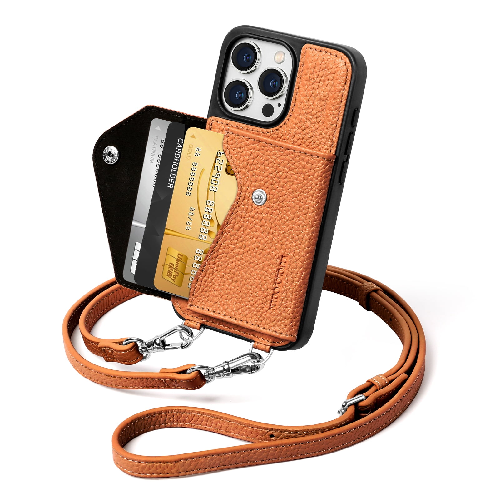 Handmade Genuine Leather Crossbody Wallet Phone Case for Apple iPhone 15 Pro 6.1-Inch,with Strap and Flip Wallet Card Holder,Shockproof Durable Scratch Protective