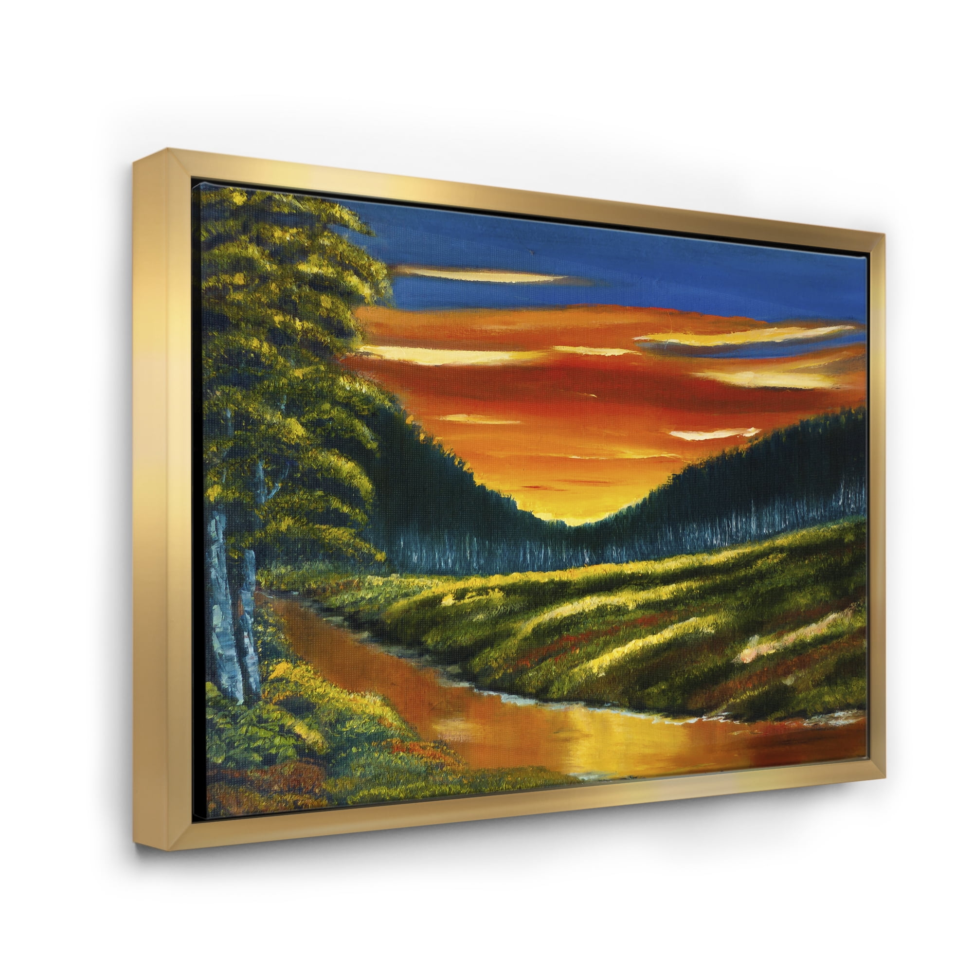 Warm Coloured Sunset Glow Above The Lotus Swamp 40 in x 30 in Framed Painting Canvas Art Print, by Designart