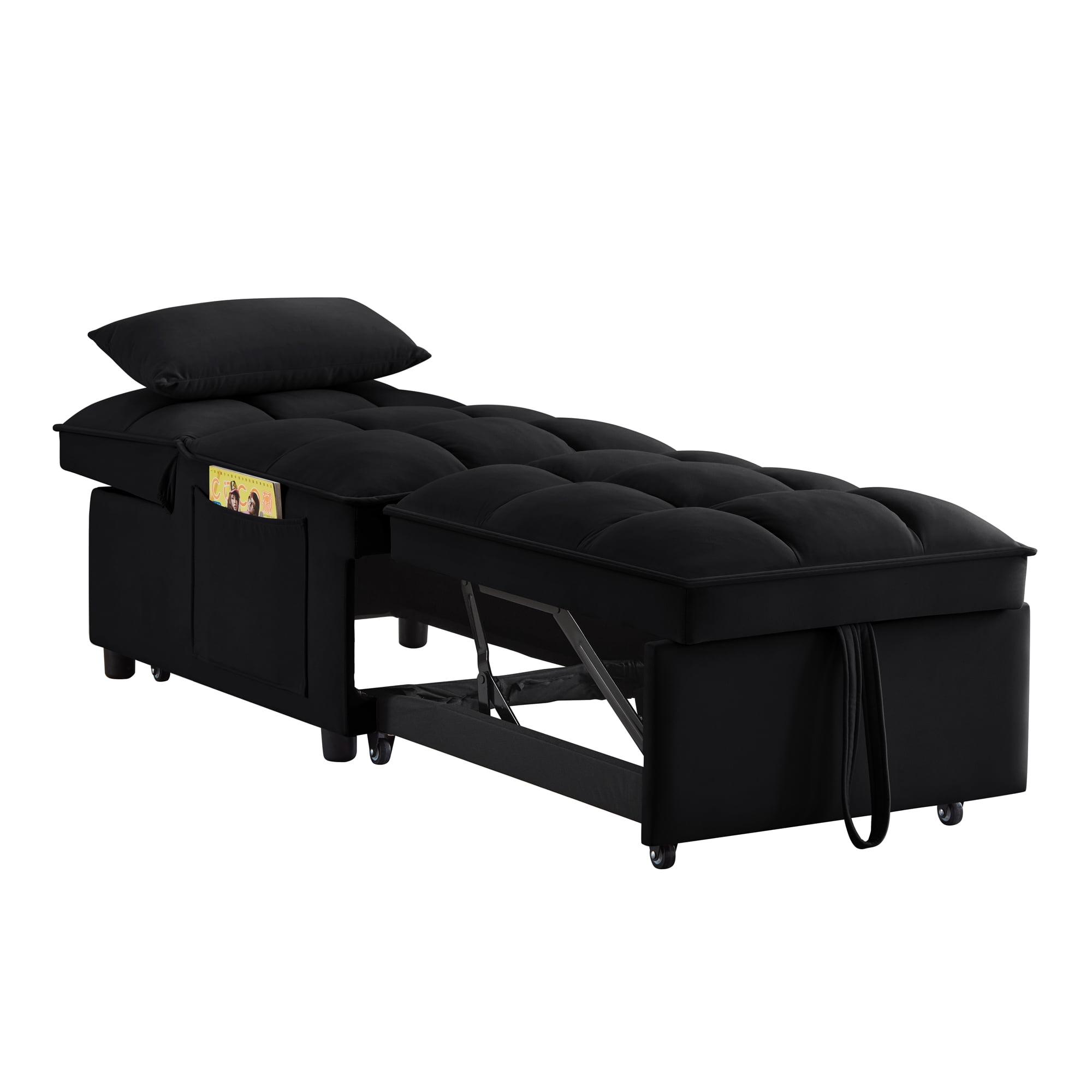 Miniyam 4 in 1 Tufted Single Sofa Bed with Storage Pockets, Convertible Chaise Lounge, Black