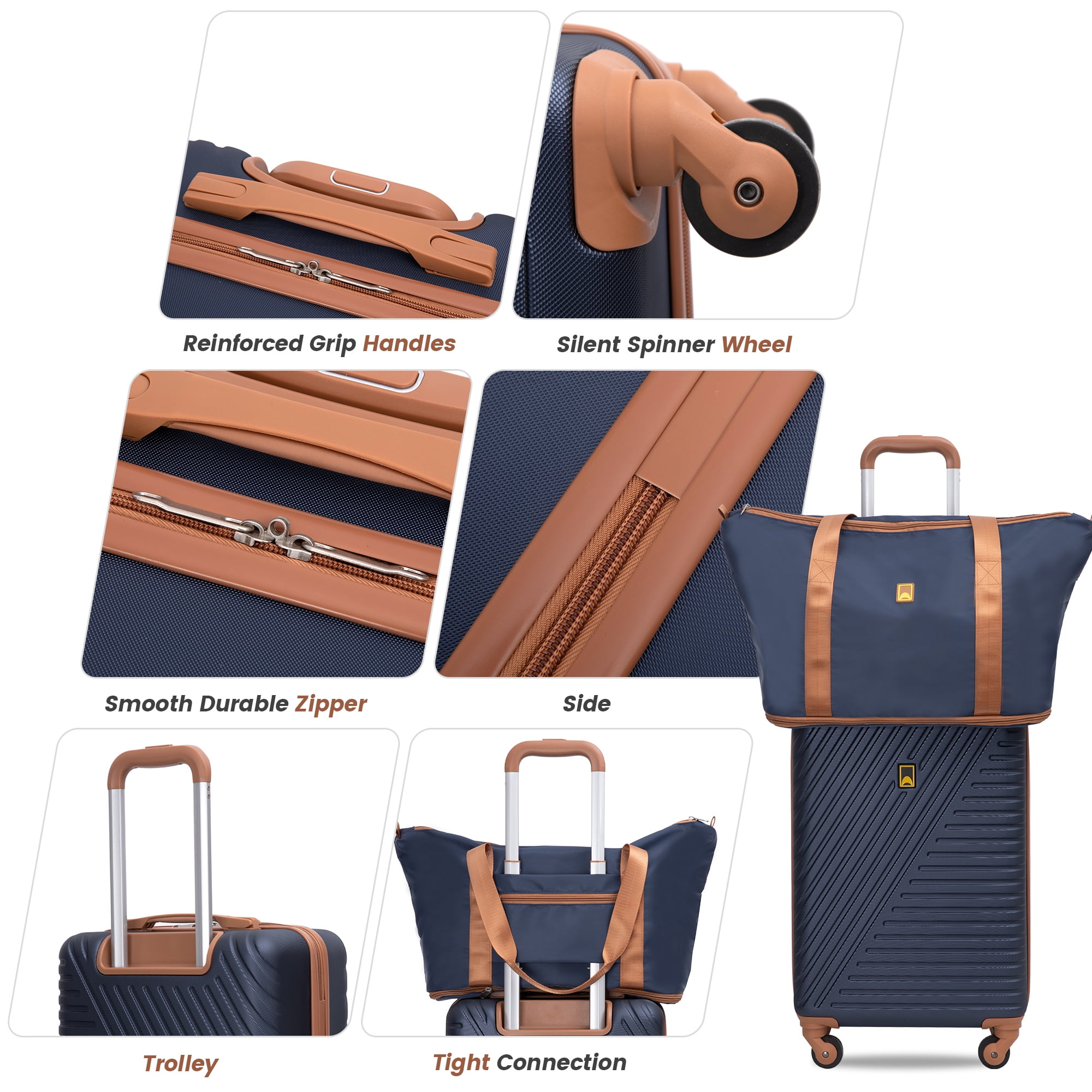 3 Piece Carry on Luggage Sets, Hardside Suitcase Set with Double Spinner Wheels, Expandable Travel Bag and Toiletry Bag, Blue