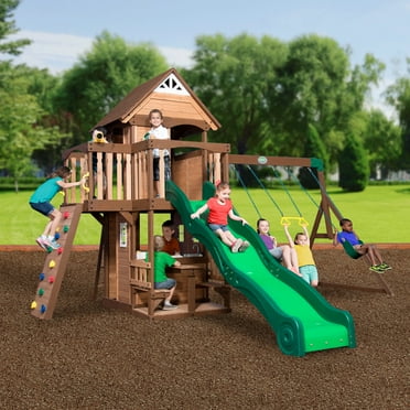 Backyard Discovery Mount Triumph Cedar Wood Swing Set, Wave Slide, Clubhouse, Rock Wall