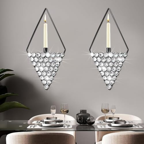 2 Set Iron Candle Sconces Wall Décor with Crystal Diamond Gem Stone Sparkling Bling Candle Holders Metal Frame Decorative Candle Stand Home Décor$$Home Decor, Kitchen, & Other