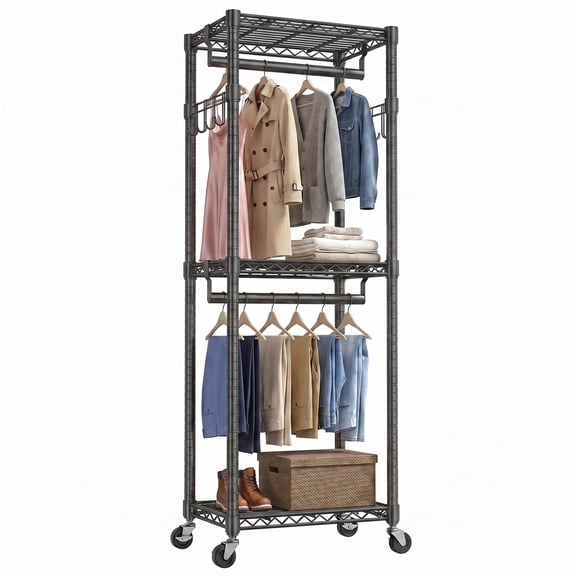 edx Clothes Rack, Heavy-Duty Garment Rack with Shelves & Wheels, Freestanding Wardrobe Organizer with Hooks, for Bedroom, Laundry, or Balcony, 23.6 x 15.8 x 74.4 in, Black