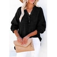 thumbnail image 3 of Women's Black Crinkle Textured Loose Henley Top, 3 of 5
