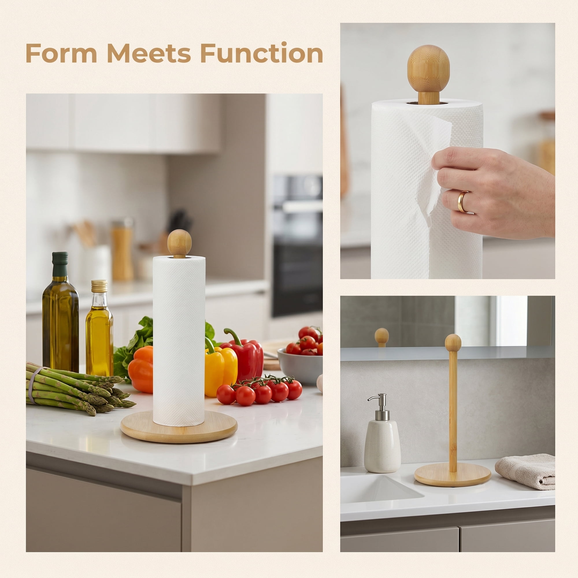 Unique Bargains Paper Towel Holder Countertop Durable Base Wood Natural B 11.6x6.3inch