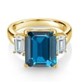 thumbnail image 2 of Gem Stone King 18K Yellow Gold Plated Silver 3-Stone Ring Set with Emerald Cut London Blue Topaz and Moissanite (8.66 Cttw, Size 9), 2 of 3