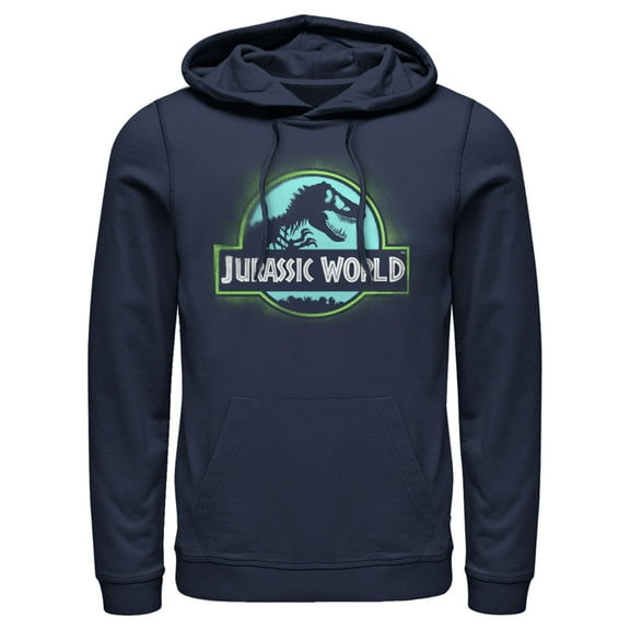 Men's Jurassic World T. Rex Spray Paint Logo Pull Over Hoodie Navy Blue X Large