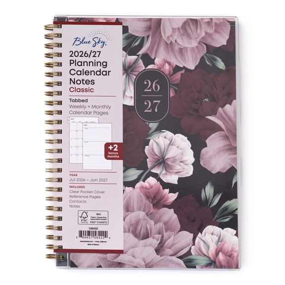 Blue Sky 2026-2027 Weekly and Monthly Academic Year Planner Calendar, July 2026 - June 2027, 5.875" x 8.625", Flexible Pocket Cover, Laminated Tabs, Includes Extra 30 Sheets of Notes, Dark Peonies