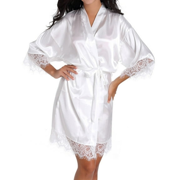 Tao Tao Women's Satin Robes 3/4 Sleeve Lace Trim Belted Robe Bride Bridesmaid Nightgown Elegant Bridal Comfy Kimono Bathrobe White 2XL