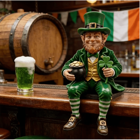 Sitting Leprechaun Figurine, Resin St. Patrick's Day Decor Pot of Gold & Shamrock, Whimsical Irish Tabletop Statue for Home Office Desk Party Supplies, Gifts for Irish Decor Lovers