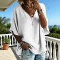thumbnail image 6 of MORESEC Women's V Neck T-Shirt Cotton Linen Short Sleeve Flowy Casual Blouse Top Solid Basic Tee For Party Outfit And Daily Wear, White S, 6 of 7