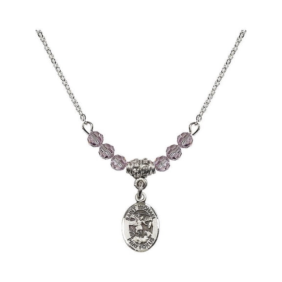 18-Inch Rhodium Plated Necklace with 4mm Light Purple February Birth Month Stone Beads and Saint Michael the Archangel Charm