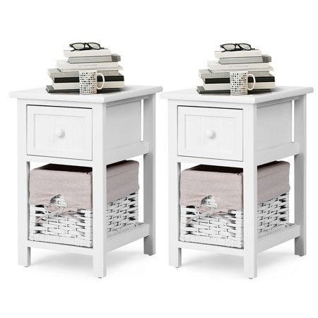 Dark Wood Bed With White Nightstands Gymax 2 PCS 2 Tier Mini Nightstand 1 Drawer Bedside End Table Organizer Wood W/Basket White ()