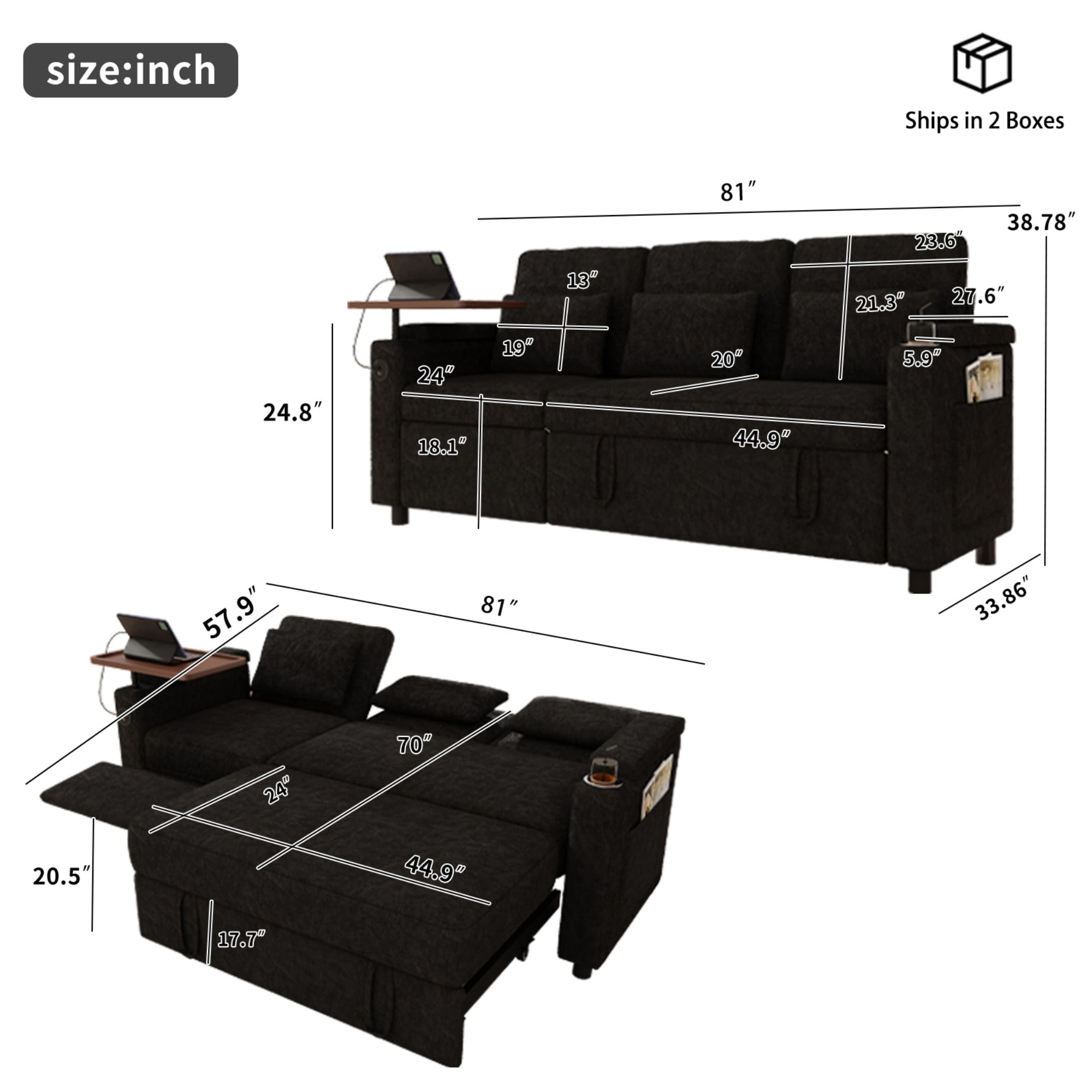 DEALTOPS 81" Chenille Pull-Out Sleeper Sofa Bed with Recliner, Tray Table, USB Ports & Storage, Black