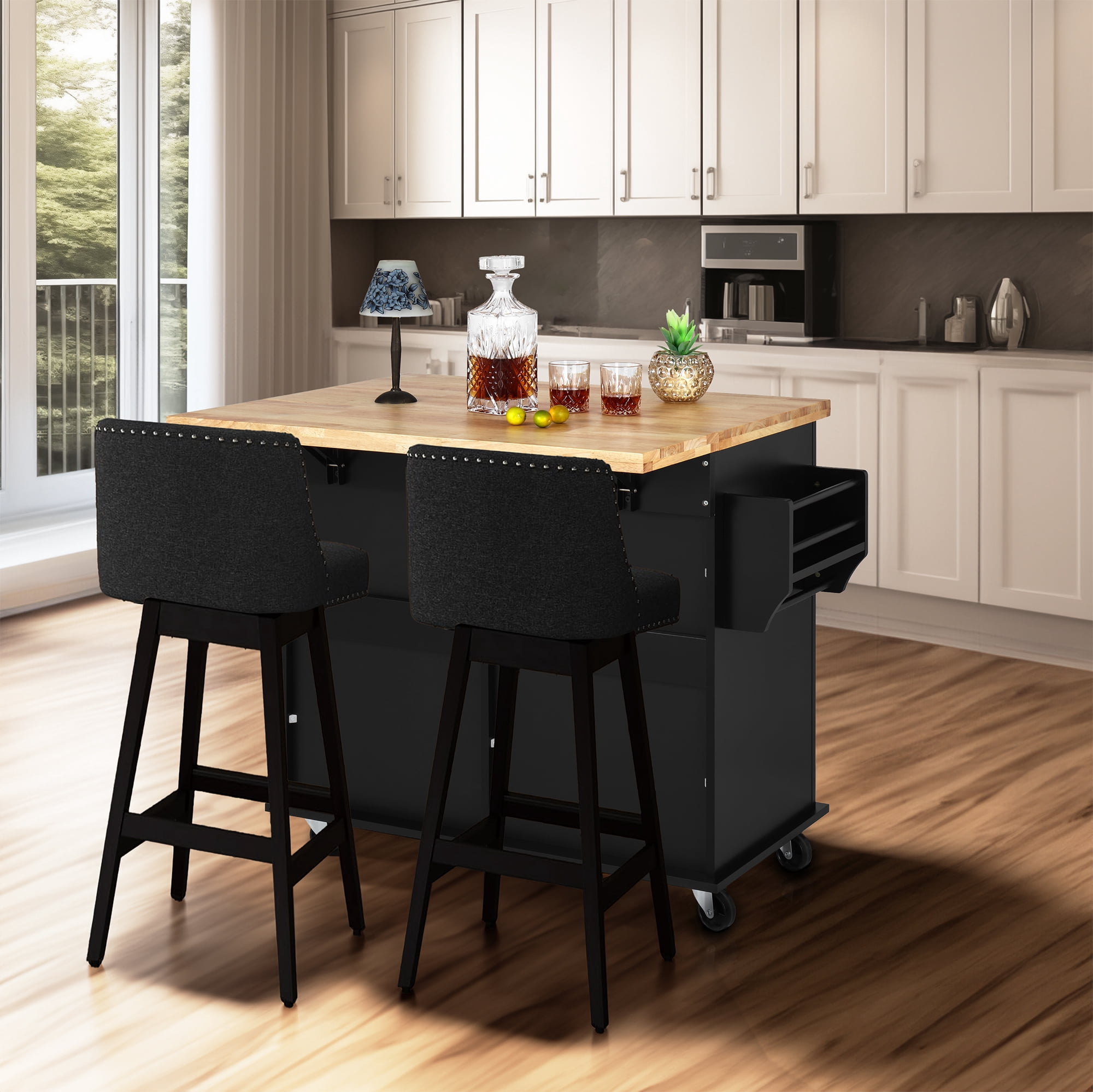 Finnhomy Rolling Kitchen Island with Drop Leaf, Thicken Rubberwood Top, Portable Mobile Carts Table, Kitchen Serving and Storage Cart