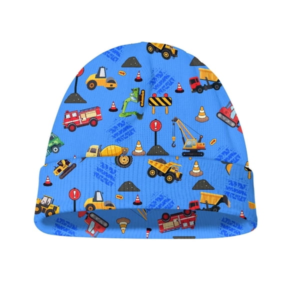 Psesaysky Youth Warm Beanie Hat - Cartoon Construction Vehicle Print Boys Girls Windproof Fleece Winter Hat Kids Blue Soft Beanies Hats