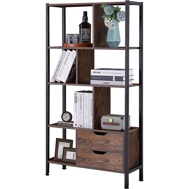NAIYUFA Bookcase, 4Tier Bookshelf with 2 Drawers,Book Display Shelf