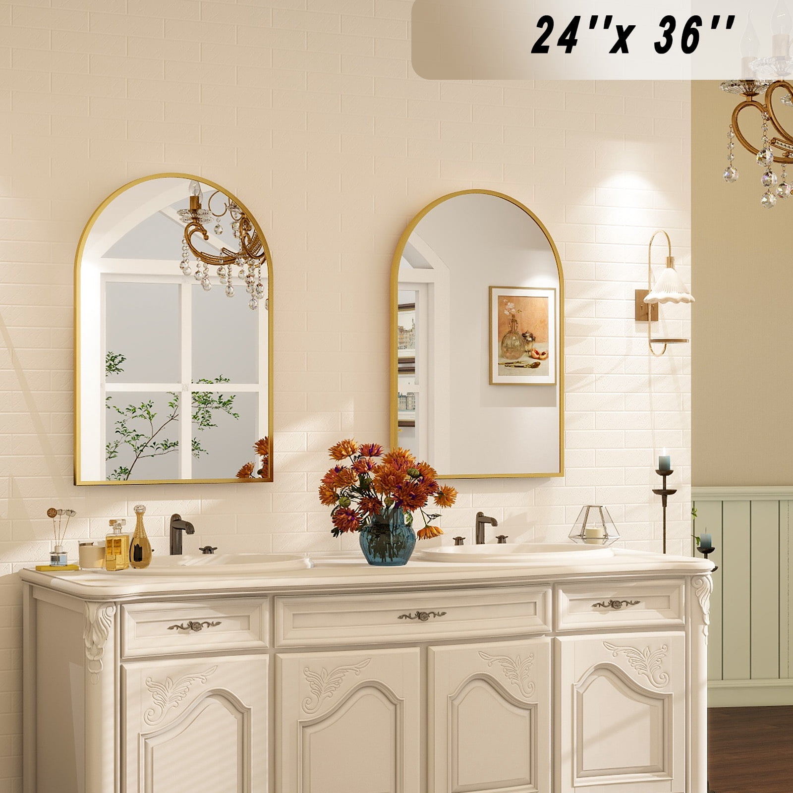 GRAHMCY 24"x36" Arched Bathroom Mirror Wall Mounted Vanity Mirror, Gold